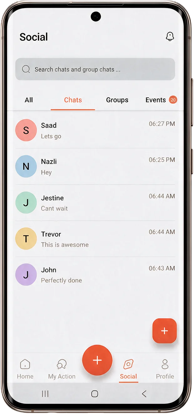 Squicle Social tab listing one-to-one and group chats