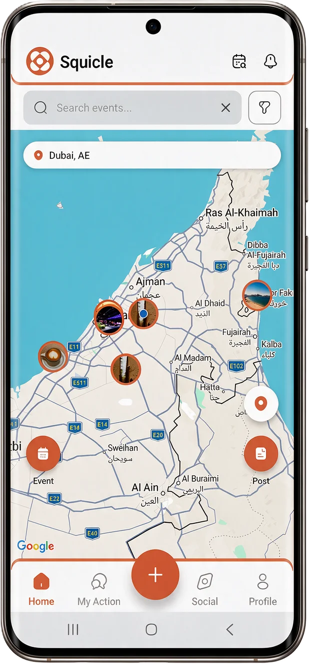 Squicle app showing events on a map of the UAE